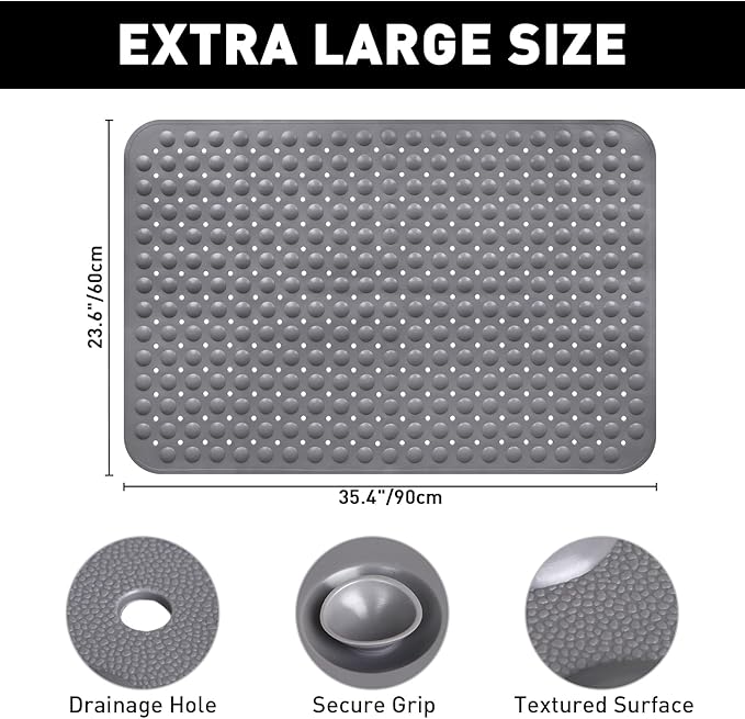 Shower Mat Non Slip: 35.4 x 23.6 Inch Extra Large TPE Shower Mats for Inside Shower - Anti Slip Shower Stall Matt with Drain Hole and Suction Cups for Elderly