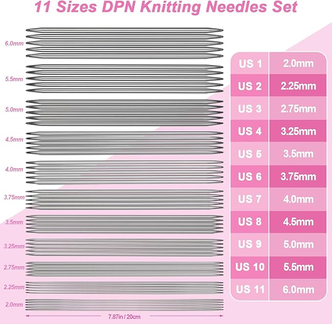 Coopay 55PCS Double Pointed Knitting Needles 7.9", Short Stainless Steel Knitting Needles Set 2.0-6.0mm Knitting Kit, Straight DPN Sock Needles Knitting Set Sweater Needle Set with Pack & Gauge