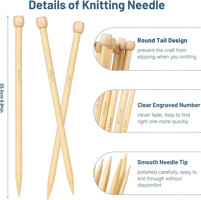 Aeelike 18 Pairs Bamboo Knitting Needles Set - 10 Inches Wooden Knitting Needles Single Point with Roll Bag - Portable Knittings Needle Set for Beginners (2mm - 10mm)