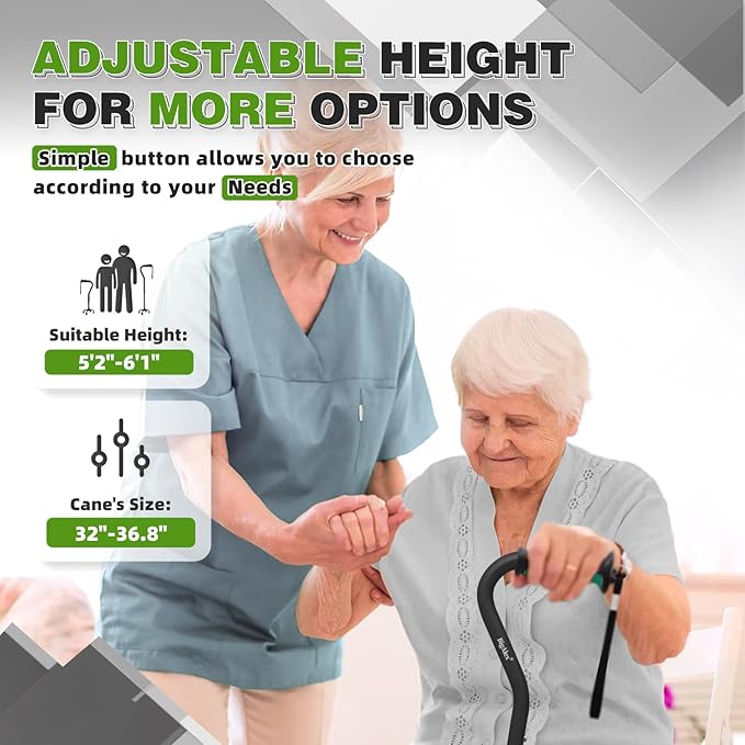 BigAlex Quad Cane, Foldable Adjustable Walking Cane for Men & Women with Stable 4-Pronged Base for Extra Stability & Balance, Heavy Duty, Lightweight, Soft Offset Handle Stick for Seniors & Elderly