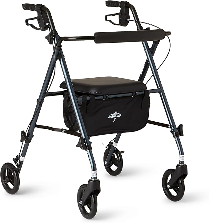 Medline Superlight Folding Aluminum Mobility Rollator Walker, Smoky Blue, 250 lb. Weight Capacity, 6" Wheels, Adjustable Arms and Seat, Foldable Rolling Walker for Seniors