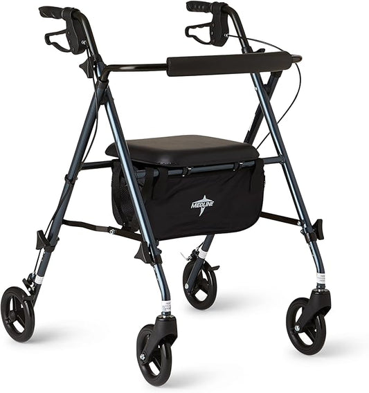 Medline Superlight Folding Aluminum Mobility Rollator Walker, Smoky Blue, 250 lb. Weight Capacity, 6" Wheels, Adjustable Arms and Seat, Foldable Rolling Walker for Seniors