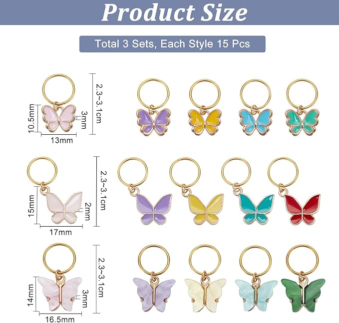 NBEADS Butterfly Charms and Braid Clips - 45 Pcs Removable Crochet Stitch Markers Made of Charms for Knitting, Weaving, Sewing, and Dreadlock Decorations