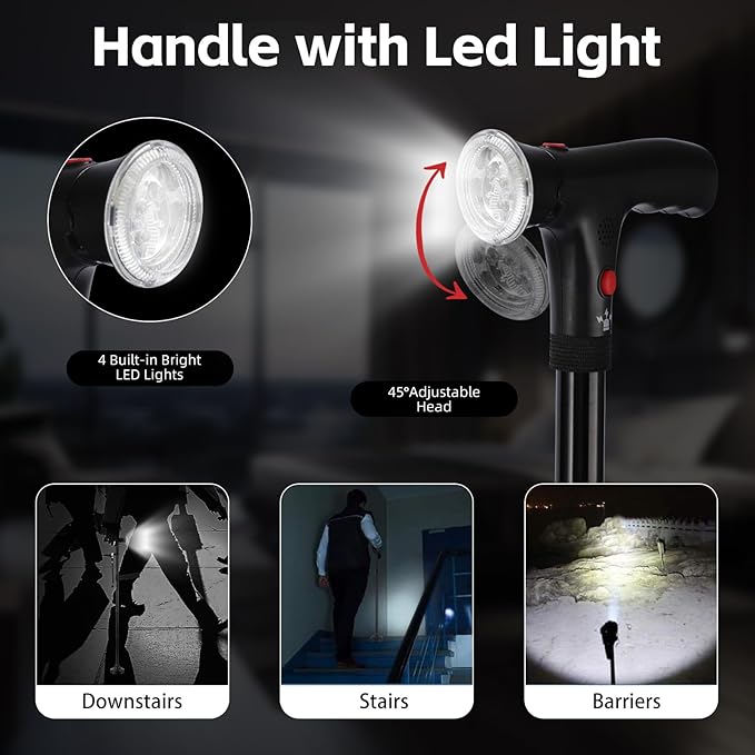 Cane Hero Walking Cane, Ready Walker Cane with Light and Alarm, Smart Walking Cane for Women, Adjustable Suitable for Arthritis Disabled and Elderly, with Cushioned T Handle and Swivel Four Pedestal