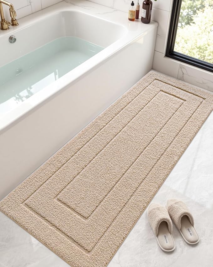 DEXI Bathroom Rug 72x24, Non Slip Washable Bath Mat Runner for Shower Floor, Extra Long Absorbent Soft Bathmat with Rubber Backing, Quick Dry Microfiber Carpet, Beige