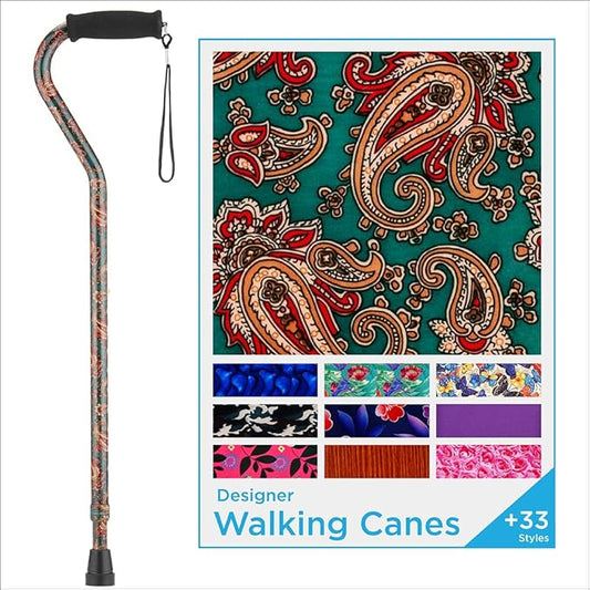Nova Joy Designer Offset Walking Cane for Seniors - Unisex Adjustable Lightweight Aid with Foam Handle, Wrist Strap and Anti-Rattle Lock - Essential Mobility Support - Green Paisley