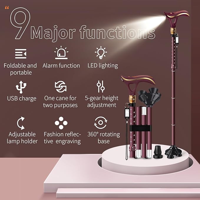 Folding Cane, Smart Alarm Foldable Cane with Light, Fashion Walking Cane for Women&Men, Adjustable Canes for Seniors, USB Direct Charging, Lightweight and Portable