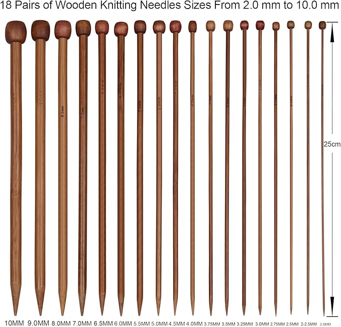 Aeelike 18 Pairs Bamboo Knitting Needles Set - 10 Inches Wooden Knitting Needles Single Point with Roll Bag - Portable Knittings Needle Set for Beginners (2mm - 10mm)