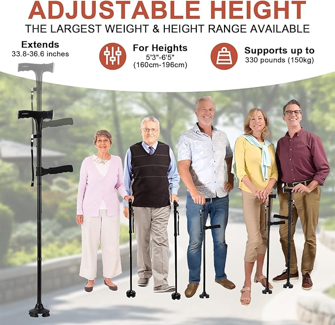 Walking Cane with LED Light & Alarm, Adjustable Smart Walking Cane with Side Handle Quad Base, Foldable Free Standing Walking Stick, Mobility Aid Provides Balance for Arthritis Disabled & Elderly