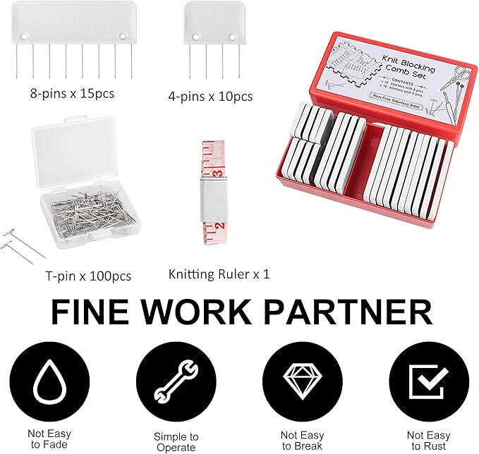 Mevome 25pcs Knit Blocking Pins Kit, White Blockers Combs 100 T-pins & Ruler for Knitting Crochet Projects Lace Needlework Block Tool for Blocking Mats Boards Accessories Device (White)