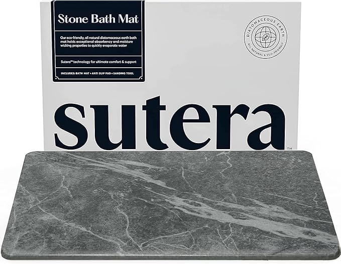 SUTERA - Stone Bath Mat, Diatomaceous Earth Shower Mat, Non-Slip Super Absorbent Quick Drying Bathroom Floor Mat, Natural, Easy to Clean (23.5 x 15 Slate)