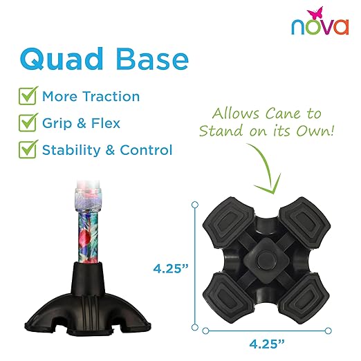 Nova Joy Designer Offset Quad Cane for Seniors - Unisex Adjustable Lightweight Walking Aid with Foam Handle, Wrist Strap and Anti-Rattle Lock - Essential Mobility Support - Canterbury