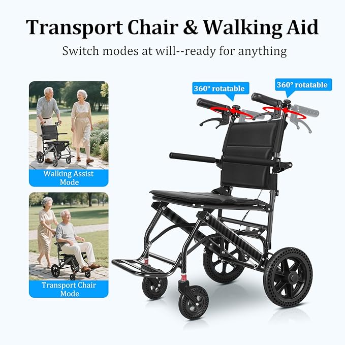 Nihhcune Wheelchair Walker for Seniors, Ultra Foldable Lightweight Rollator Walker with One-Hand Fold No Installation Portable Mobility Walking Aid with Handbrake Seat Belt Storage Bag, 300lb Capacity
