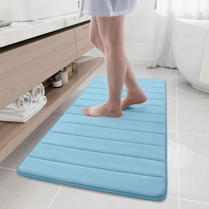 Buganda Memory Foam Bath Mat, 47" x 20", Ultra Soft and Non-Slip Bathroom Rugs, Water Absorbent and Machine Washable Bath Rug Runner for Bathroom, Shower, and Tub, Blue