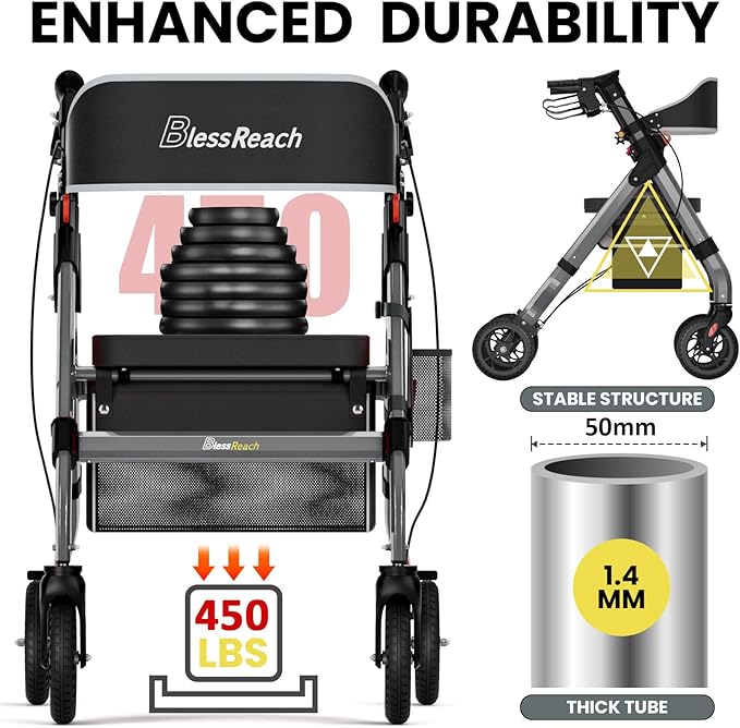 Foldable Rollator Walkers with Seat for Seniors, 450 lb Capacity, 8'' Wheels, 18" Big Seat, 6-Position Height, Heavy-Duty Aluminum Rolling Walker (Gray)
