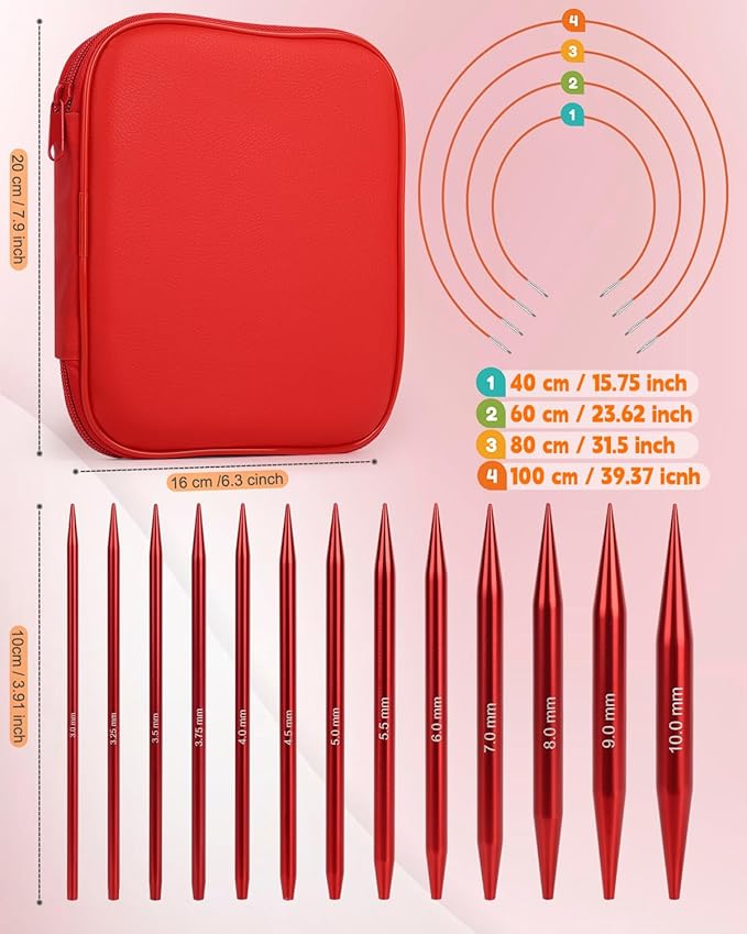 Interchangeable Knitting Needle Set with Circular Cable for Crafters, 13 Circular Knitting Needles with 4 Cable, 3-10 mm Aluminum Knitting Needles for Beginner, DIY Crafts, Red Needle Set
