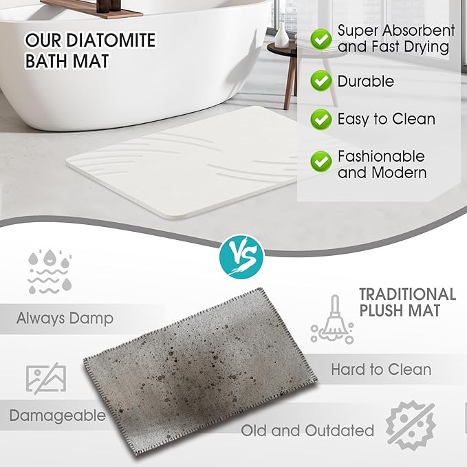 Stone Bath Mat Diatomaceous Earth Shower Mat Super Absorbent Non-Slip Diatomite Stone Bath Mats for Bathroom Floor Quick-Drying Natural Easy to Clean（24 * 16''）