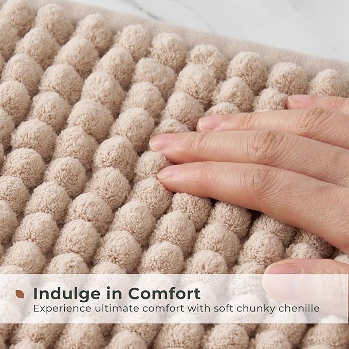 FRESHMINT Thick Chunky Chenille Bath Rugs 24"x36", Non Slip Bath Mat, Soft Bathroom Decor, Cute Shower Mat, Water Absorbent, Washable, Beige