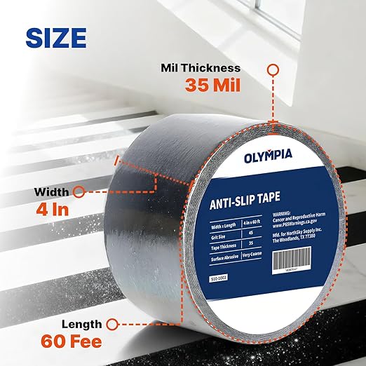 NORTHSKY Olympia 4 Inch x 60 Foot Anti Slip Tape, 45-Grit Friction, Non-Slip Traction Grip for Stairs, Waterproof Grip Tape Safety Non Skid Tape for Steps Anti-Slip Traction Tape Black
