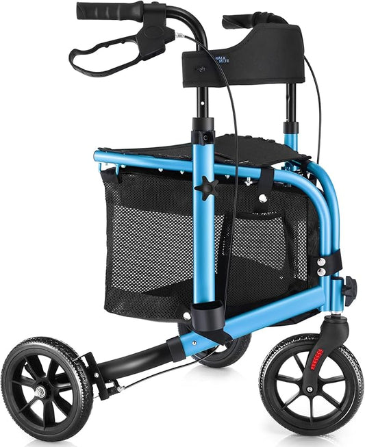 WALK MATE 3 Wheel Rollator Walker with Seat for Slim Seniors, Padded Backrest Lightweight Foldable Walker Ideal for Elderly, 8 Inch Tri-Wheel Modern Mobility Walking Aid Aluminum, Blue