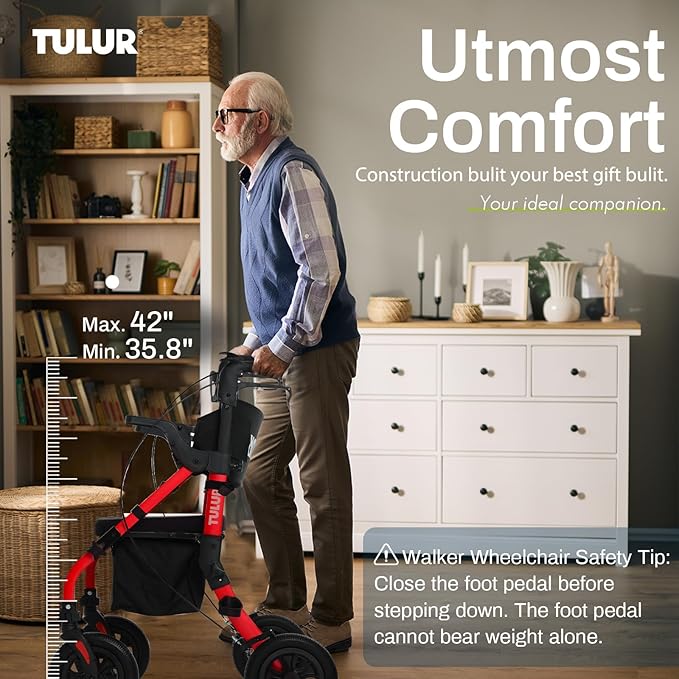 All Terrain Walker Wheelchair Combo,Rollator Walker with Seat for Seniors with Footrest,Transport-Wheelchair Combo,2 in 1 Rolling Walker Chair with Wide Backrest, Red