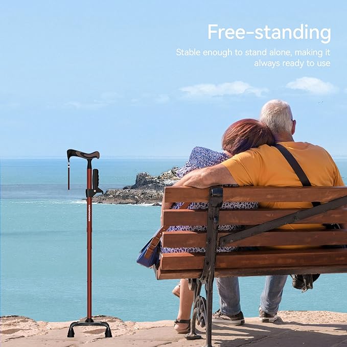 KingPavonini Walking Cane for Women/Men with Second Handle, Foldable & Adjustable Quad Cane with 4-Pronged Base for Standing, Lightweight Walking Aid for Seniors & Adults