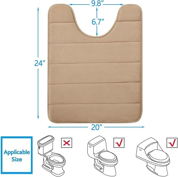Buganda Memory Foam U-Shaped Contour Toilet Rugs, Non Slip Absorbent, Thick Soft Washable Bathroom Mat, Floor Carpet Bath Rugs Mat for Toilet Base (24" x 20", Camel)