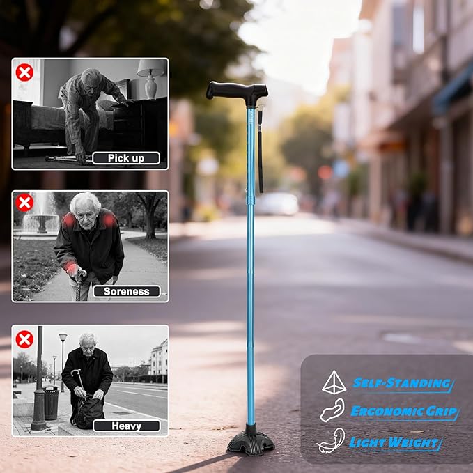 Walking Cane for Men and Women, Extended Grip; Solid Base; Foldable; Adjustable Heights; Lightweight; Free Standing; Portable Canes for Seniors Heavy Duty (Blue)