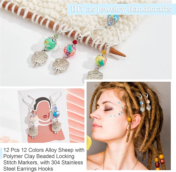 NBEADS 12 Pcs Sheep Stitch Markers, Alloy Crochet Stitch Marker Charms with Polymer Clay Beaded Locking Stitch Marker Knitting DIY Handmade Gift for Knitting Sewing Accessories Jewelry Making