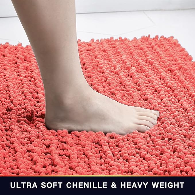Walensee Bathroom Rug 2 Pieces Set Non Slip Bath Mat (20"x32" Plus 20"x24" U Living Coral) Water Absorbent Super Soft Shaggy Chenille Machine Washable Dry Extra Thick Perfect Carpet for Shower Floor