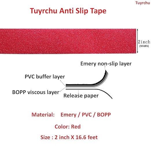 Anti Slip Tape 2 Inch Wide, Waterproof Grip Adhesive Heavy Duty High Traction Friction for Indoor/Outdoor Steps (16.6 Ft/Red).