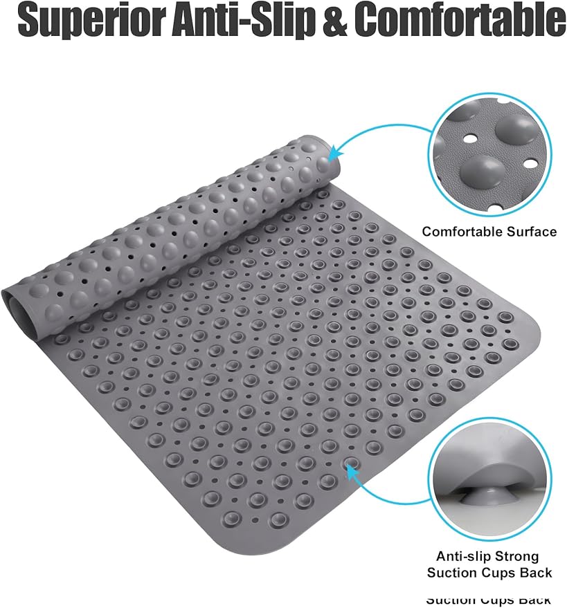 Extra Large Shower Mat, Yonala 47.2 x 31.5 Inch Non Slip Shower Mats for Inside Shower with Drain Hole and Suction Cups, Soft Trimmable TPE Anti Slip Shower Mat for Walk in Shower Stall, Heavy Mat