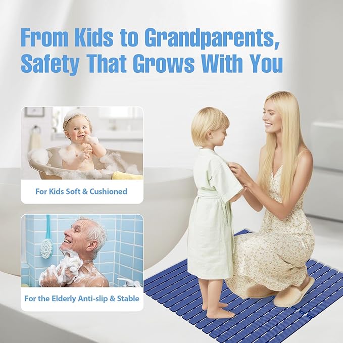 Shower Mat Non-Slip Bath Mat for Tub and Shower Stall,200+ Suction Cups with Drain Holes, Quick Dry Machine Washable, Extra Grip for Elderly and Baby, Bathroom Essentials 24x24 Inch (Blue)