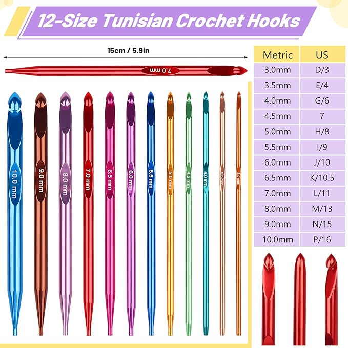 Coopay Tunisian Crochet Hooks Set, 12-Size (3.0mm-10.0mm) Interchangeable Crochet Hooks with 4 Cables (40/60/80/100cm), Smooth & Ergonomic, Perfect for Crocheting Blankets, Dolls, Shawls - Ideal Gifts