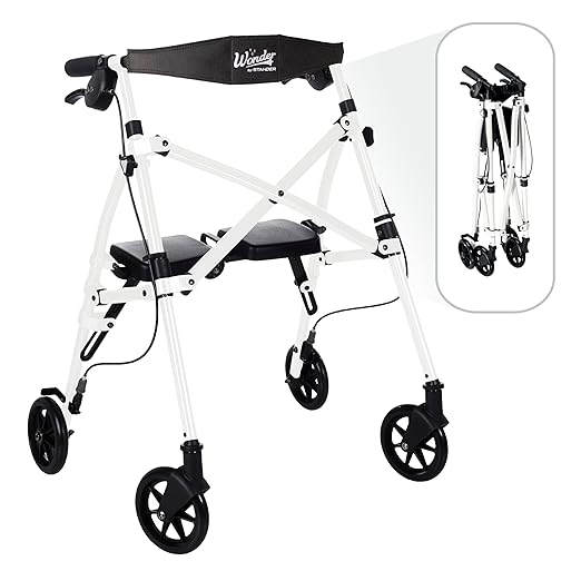 Stander Space Saver Rollator Short, Lightweight Folding Walker with Seat for Juniors & Petite Adults, 4-Wheel Mobility Aid with 6-inch Wheels, Locking Brakes, Padded Seat & Backrest, Vivid White