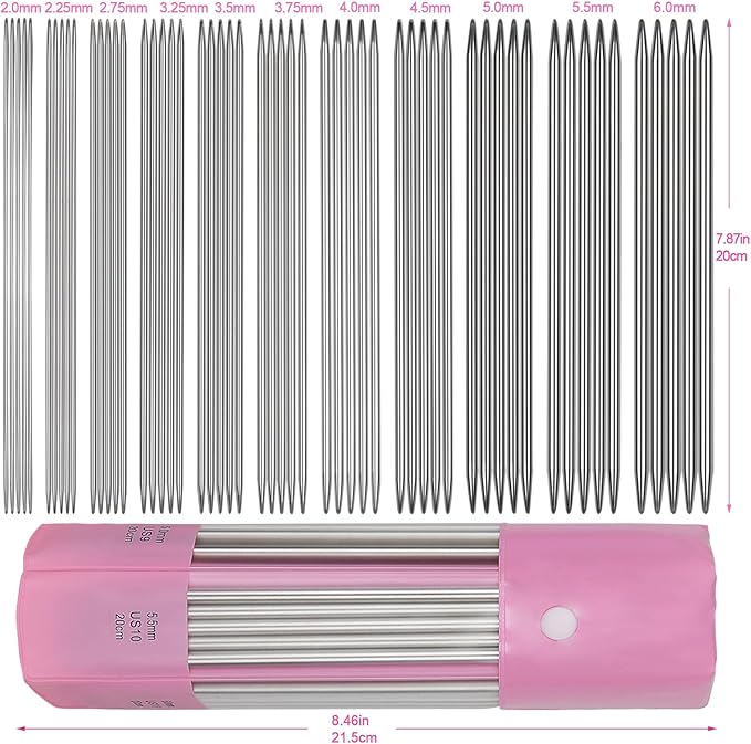 Aelike 55pcs Double Pointed Knitting Needles, 11 Sizes Stainless Steel Metal Short Knitting Needles Set, Straight & Double Pointed Knitting Needle Sets 2mm to 6mm