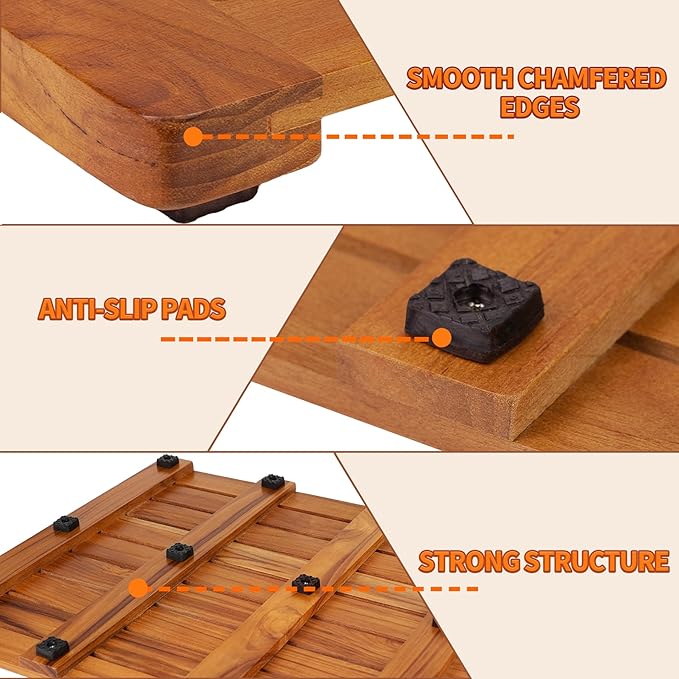 Utoplike Teak Bath Mat, Large Wood Shower Mats for Bathroom, 31.9"x17.9" Sturdy Floor Mat for Indoor Spa or Outdoor
