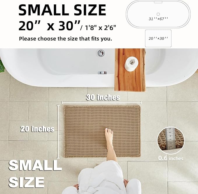 Waffle Bath Mat, Boho Bathroom Rugs Non Slip Washable Super Absorbent Quick Dry Farmhouse Bathroom Decor, 30"x20" Khaki