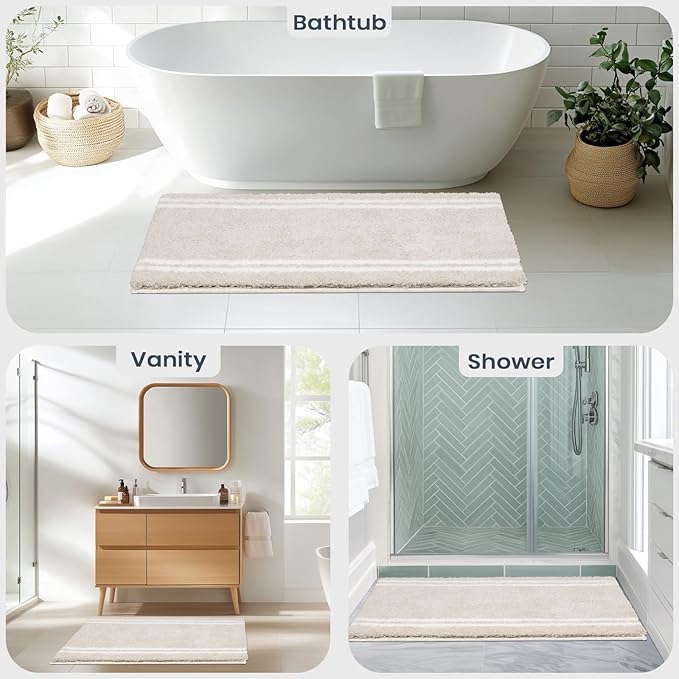 PURRUGS Bathroom Rug Non-Slip Machine Washable 24" x 36", Super Absorbent and Quick Dry Shaggy Microfiber Bath Mat, Extra Soft and Plush Bath Rug for Bathtub, Shower and Sink, Beige