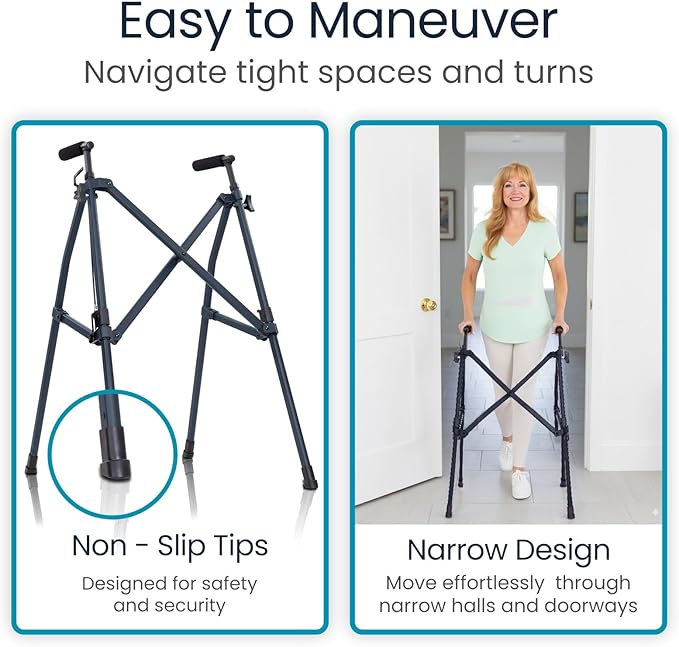 Vive Lightweight Folding Walker for Seniors - Narrow Foldable Rolling Walker for Small Spaces- Compact & Collapsible for Travel - with Wheels, Mobility Support, Portable- Weighs Only 5.5 Pounds