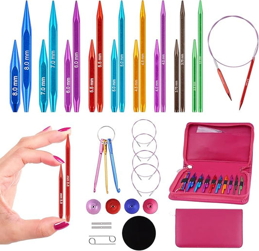 Hobekoee 2-Inch＆3-Inch Interchangeable Knitting Needles Set 9 Pairs Square Ergonomic Circular Knitting Needles with 4 Cables,Short Aluminum Needles Kit 3.5mm-8.0mm