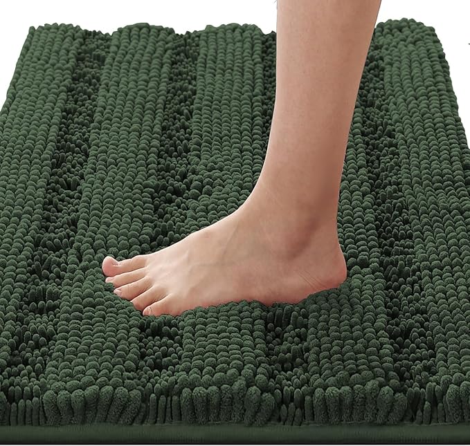 H.VERSAILTEX Bathroom Rugs Bath Rugs for Bathroom Non Slip Bath Mats Extra Thick Chenille Striped Rug 17" x 24" Absorbent Soft Shaggy Washable Dry Fast Bath Mats for Bath Room Floor - Bronze Green