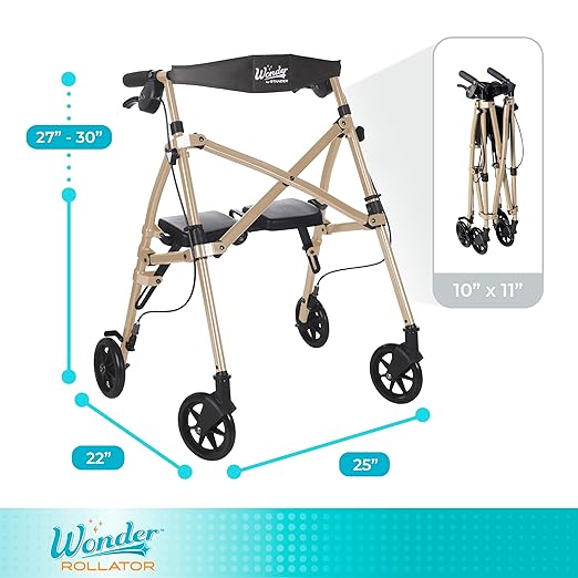 Stander Space Saver Rollator Short, Lightweight Folding Walker with Seat for Juniors & Petite Adults, 4-Wheel Mobility Aid with 6-inch Wheels, Locking Brakes, Padded Seat & Backrest, Desert Sand