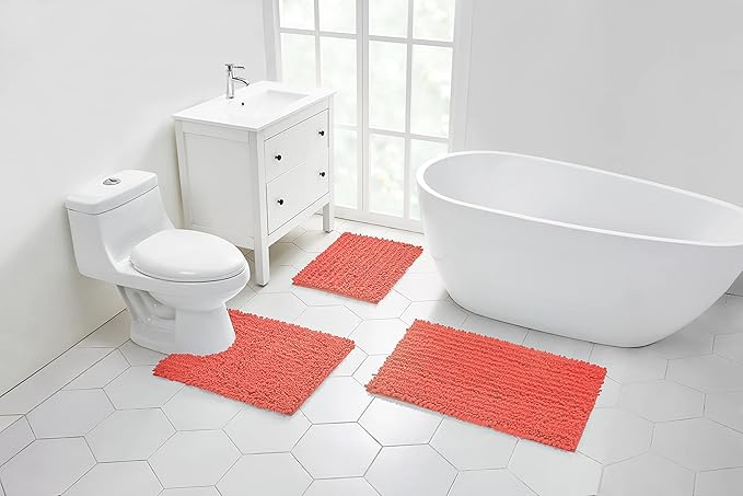 Walensee Bathroom Rug 2 Pieces Set Non Slip Bath Mat (17x24 Plus 20x32 Inch Living Coral) Water Absorbent Super Soft Shaggy Chenille Machine Washable Dry Extra Thick Perfect Carpet for Shower Floor