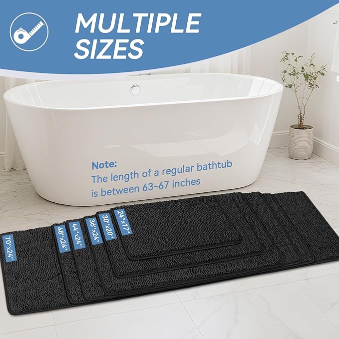 Bcoimo 70"×24" Absorbent Bath Mat, Non-Slip with Backing Chenille Bath Rug and Machine Washable Bathroom Mat Quick-Dry Design. Ideal for Bathroom and Tub Areas