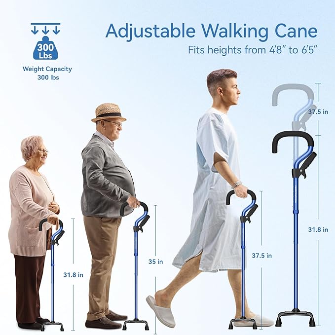 KingPavonini Canes for Women/Men with Second Handle, Foldable & Adjustable Walking Cane with 4-Pronged Base, Quad Cane for Stability, Standing, Balance, Leg Surgery Recovery