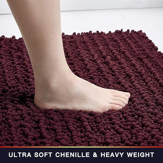 Walensee Bathroom Rug Non Slip Bath Mat (44x24 Inch Burgundy) Water Absorbent Super Soft Shaggy Chenille Machine Washable Dry Extra Thick Perfect Absorbant Best Large Plush Carpet for Shower Floor
