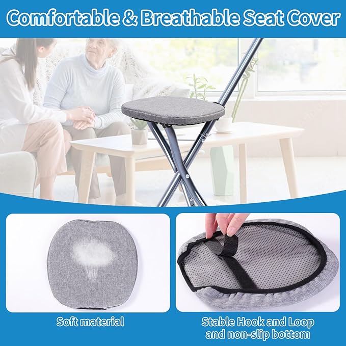 Folding Walking Cane with Seat, Walking Stick with Seat Lightweight for Seniors, Cane Chair with Magnetic Massage Handle & Seat Cover, Height Adjustment, Supports up to 330 Pounds