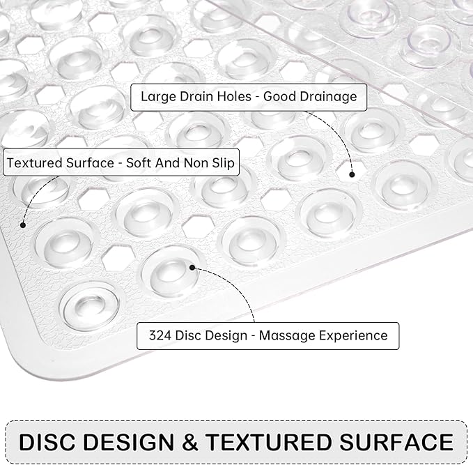 Linoows Non-Slip Bathtub and Shower Mats, Power Grip Bath Mat 35 x 16.3 Inch with Suction Cups and Drain Holes for Tub Bathroom Floor Safety, Machine Washable Soft Bathmat, Clear