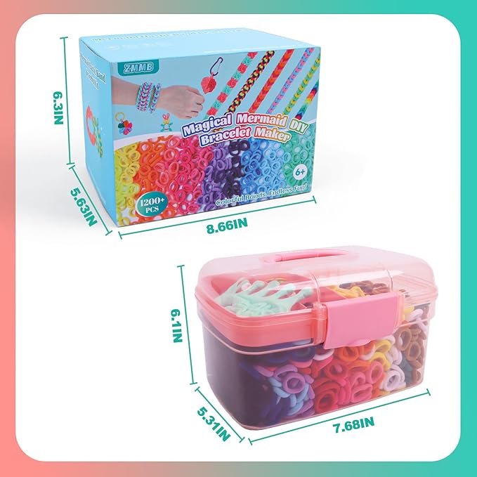 ZMMB Mermaid Bracelet Making Kit for Girls Ages 6-12 - 1200+ Rainbow Elastic Cloth Loom Bands in 12 Colors, DIY Craft Set with Mermaid Loom Tool, Storage Box – Great Birthday Gift for Kids